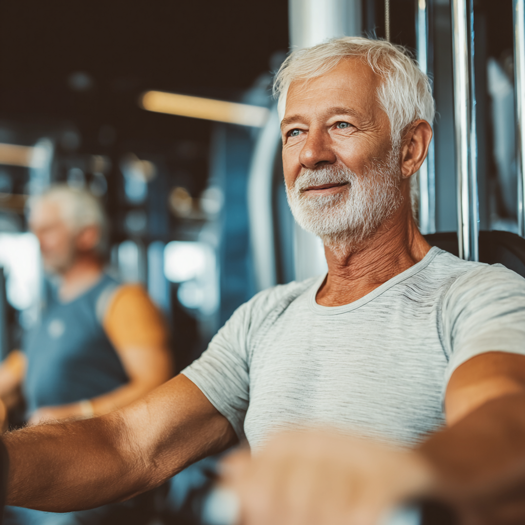 Smiling elderly European woman in fitness attire holding dumbbells in a modern gym, showing strength and confidence
