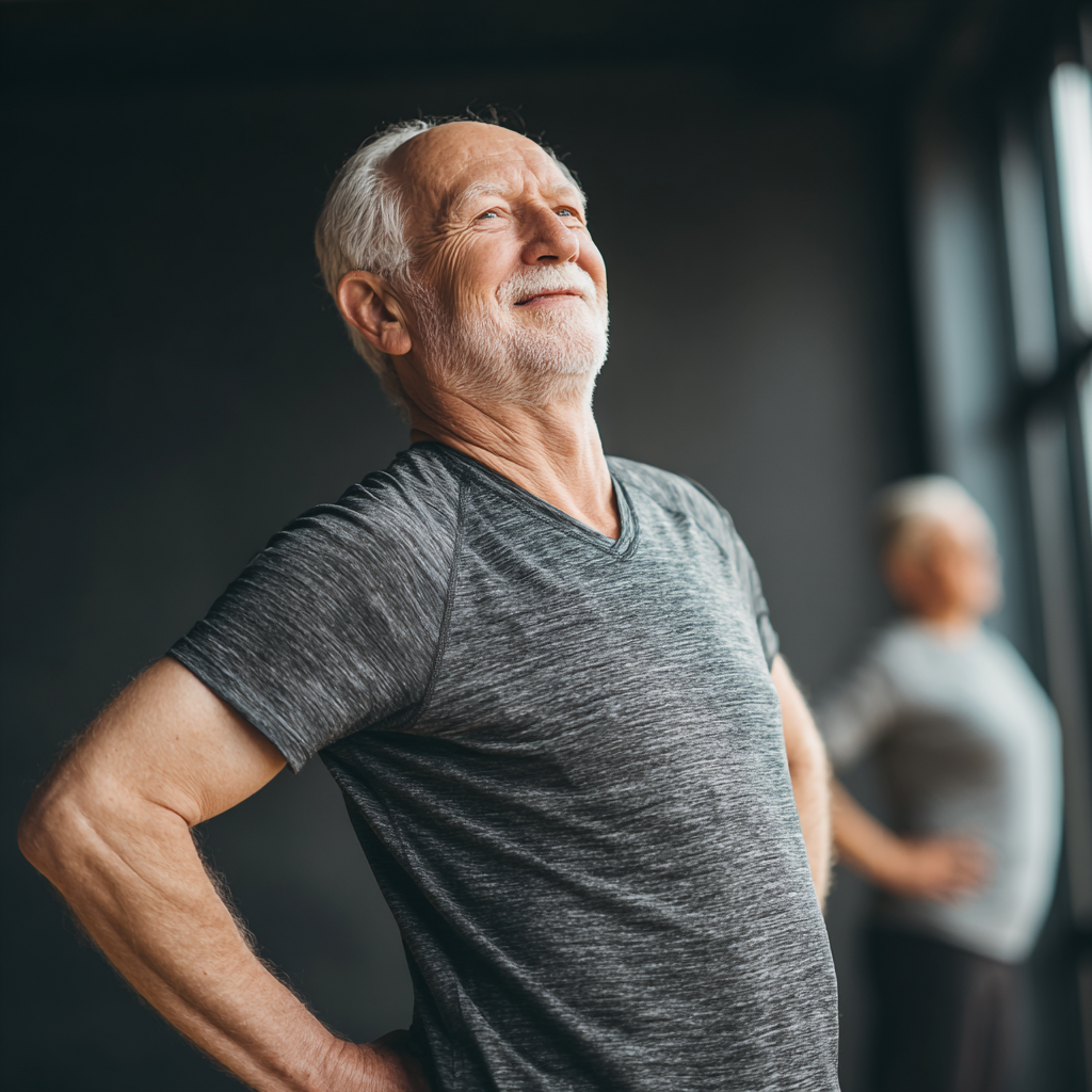 Happy elderly European couple in sportswear celebrating after a successful workout session in a gym, showing joy and achievement